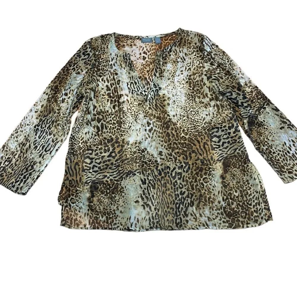 Additions but Chico’s Leopard Shirt, semi sheer top, V-neck, size 3, large